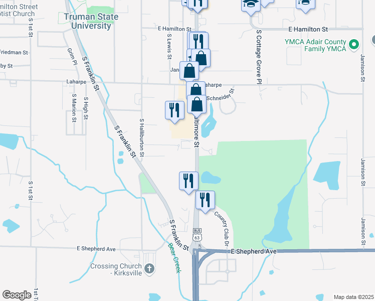 map of restaurants, bars, coffee shops, grocery stores, and more near 2402 South Baltimore Street in Kirksville
