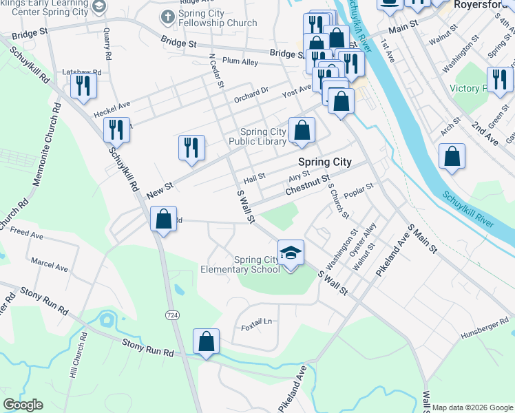 map of restaurants, bars, coffee shops, grocery stores, and more near 420 Chestnut Street in Spring City