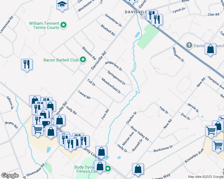 map of restaurants, bars, coffee shops, grocery stores, and more near 118 Meadowfield Drive in Southampton