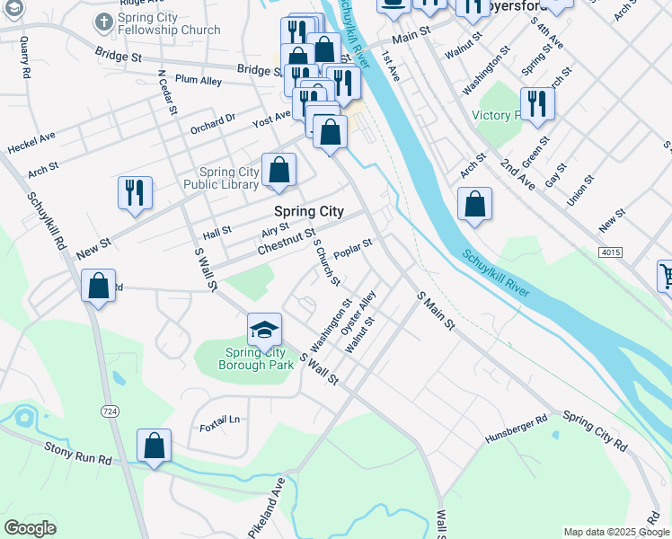 map of restaurants, bars, coffee shops, grocery stores, and more near 221 South Church Street in Spring City