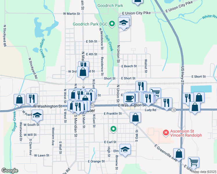 map of restaurants, bars, coffee shops, grocery stores, and more near 305 East Pearl Street in Winchester