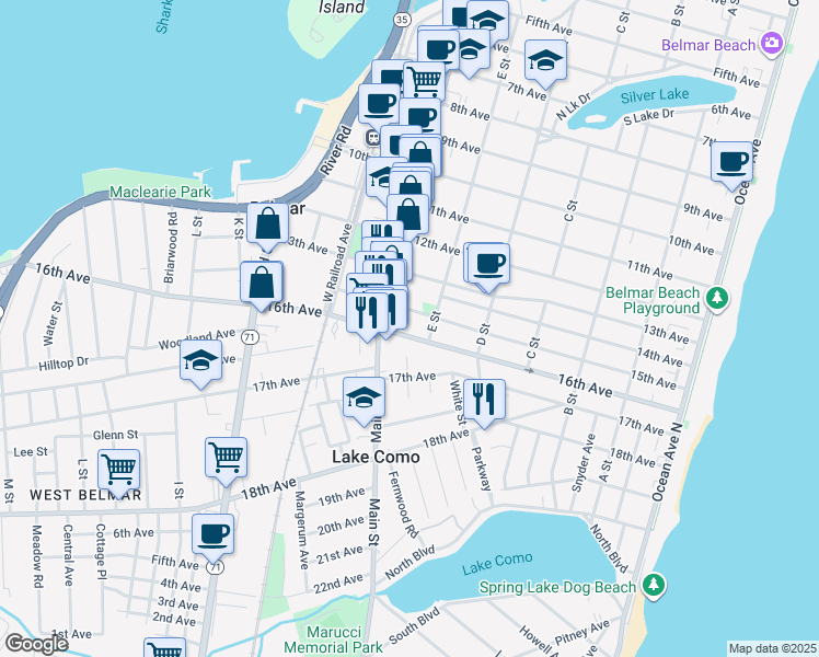 map of restaurants, bars, coffee shops, grocery stores, and more near 612 16th Avenue in Belmar
