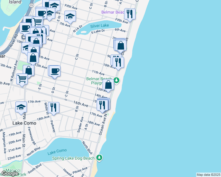 map of restaurants, bars, coffee shops, grocery stores, and more near 1202 Ocean Avenue in Belmar