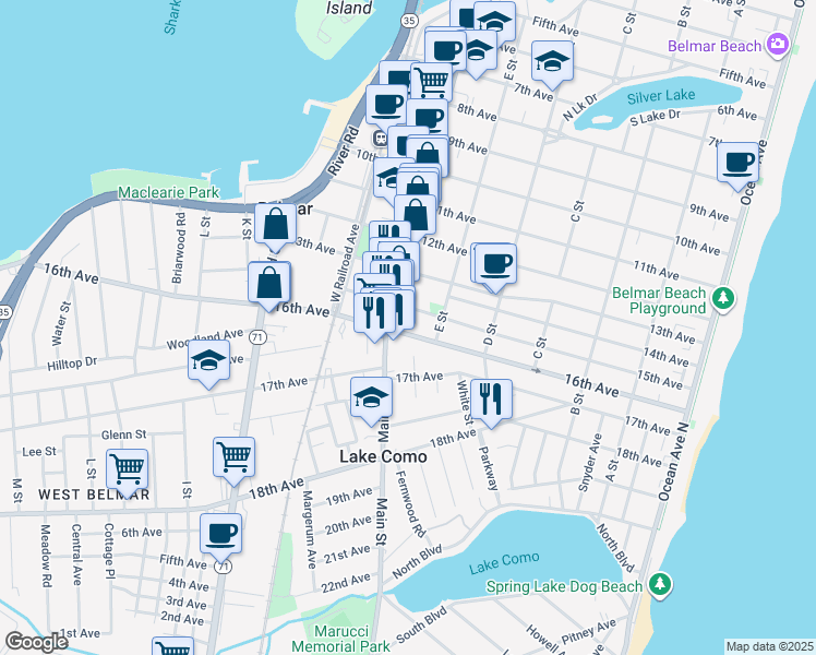 map of restaurants, bars, coffee shops, grocery stores, and more near 612 16th Avenue in Belmar