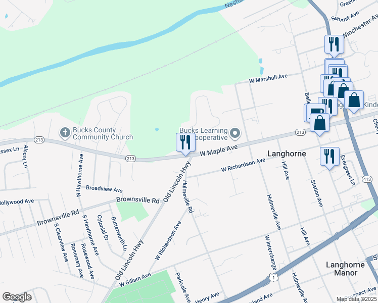 map of restaurants, bars, coffee shops, grocery stores, and more near 205 Golf Club Drive in Langhorne