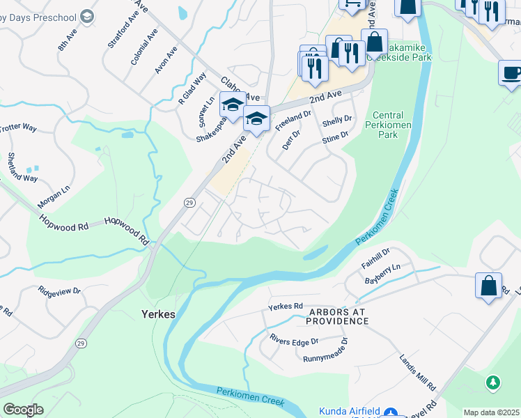 map of restaurants, bars, coffee shops, grocery stores, and more near 127 Juniper Court in Collegeville