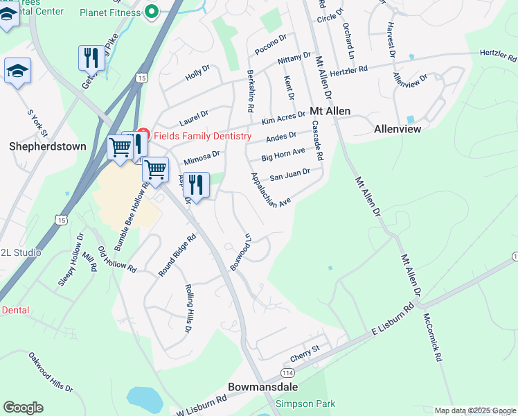 map of restaurants, bars, coffee shops, grocery stores, and more near 25 Pine Tree Drive in Mechanicsburg