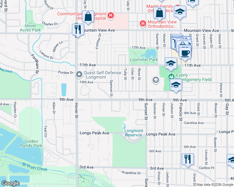 map of restaurants, bars, coffee shops, grocery stores, and more near 1937 Warren Avenue in Longmont