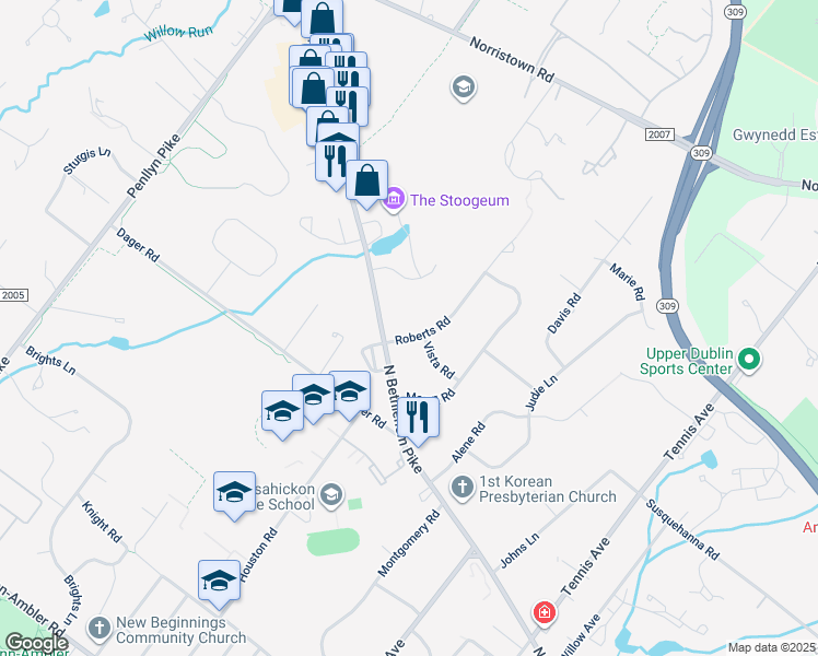 map of restaurants, bars, coffee shops, grocery stores, and more near 705 Roberts Road in Ambler