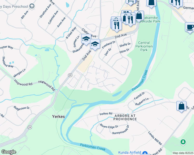 map of restaurants, bars, coffee shops, grocery stores, and more near 127 Juniper Ct in Collegeville