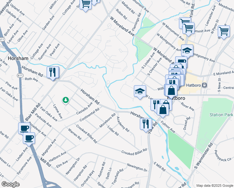 map of restaurants, bars, coffee shops, grocery stores, and more near 153 Spring Avenue in Hatboro