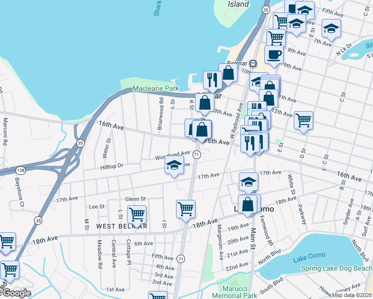 map of restaurants, bars, coffee shops, grocery stores, and more near 1613 New Jersey 71 in Monmouth County