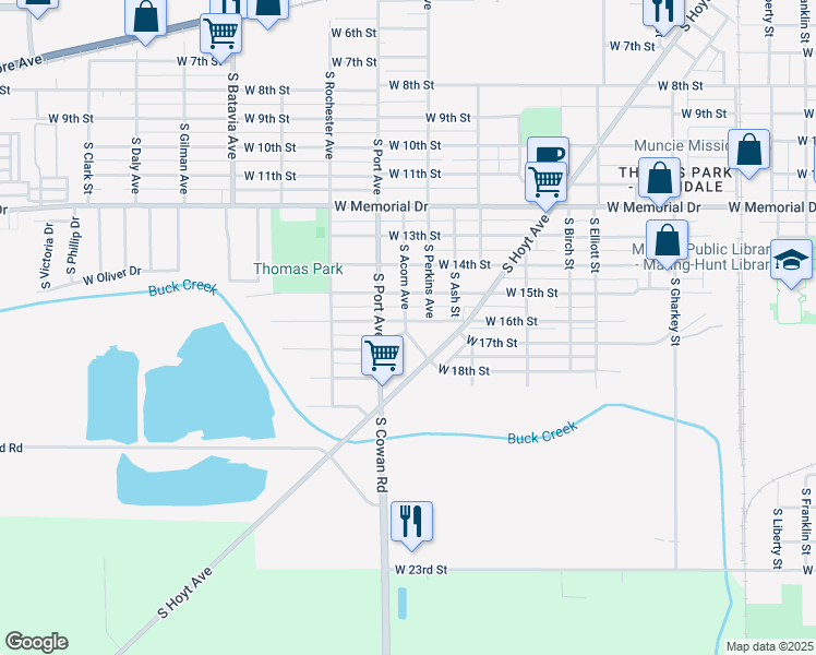 map of restaurants, bars, coffee shops, grocery stores, and more near 1517 West 16th Street in Muncie