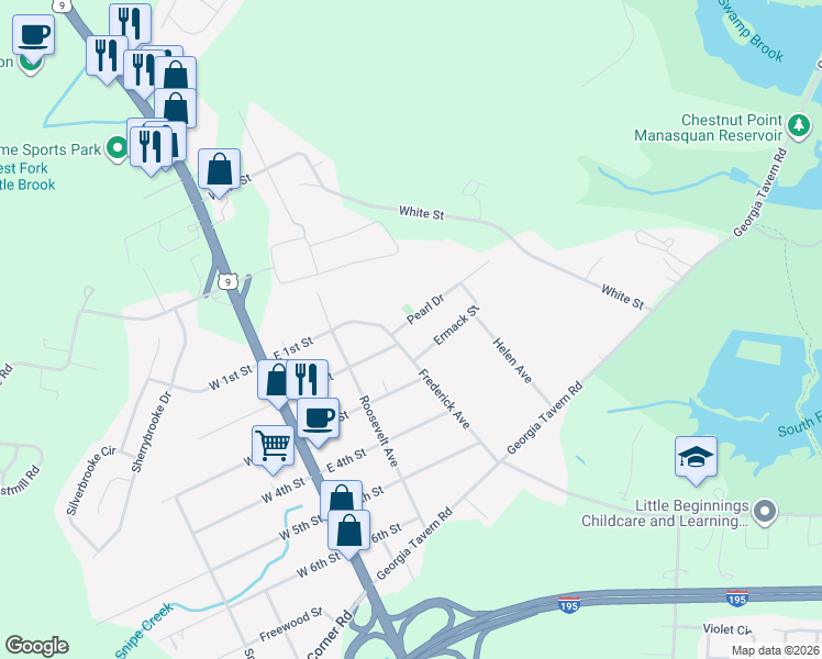 map of restaurants, bars, coffee shops, grocery stores, and more near 7 Pearl Drive in Howell Township