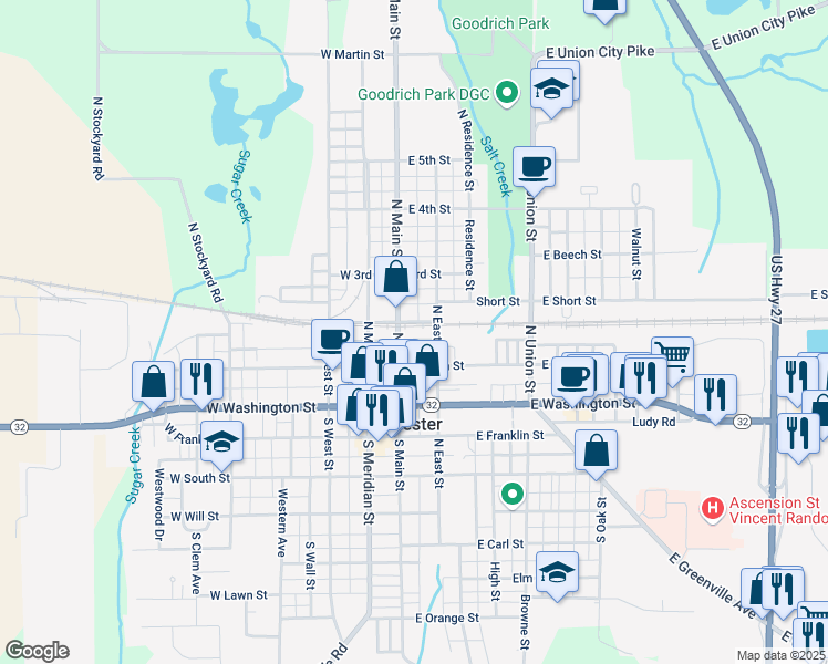 map of restaurants, bars, coffee shops, grocery stores, and more near 220 North Main Street in Winchester
