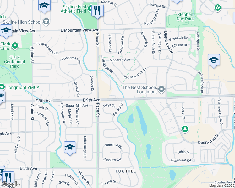 map of restaurants, bars, coffee shops, grocery stores, and more near 12027 Saint Vrain Road in Longmont