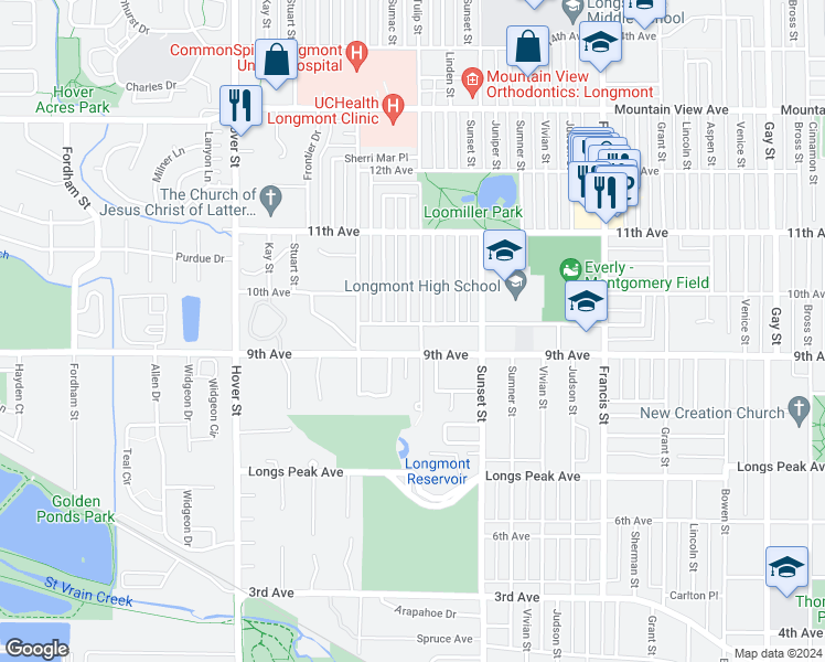 map of restaurants, bars, coffee shops, grocery stores, and more near 1920 9th Avenue in Longmont