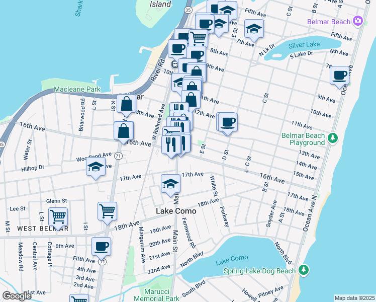 map of restaurants, bars, coffee shops, grocery stores, and more near 612 16th Avenue in Belmar
