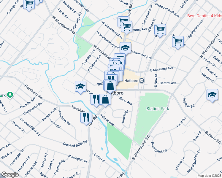 map of restaurants, bars, coffee shops, grocery stores, and more near 148 South York Road in Hatboro