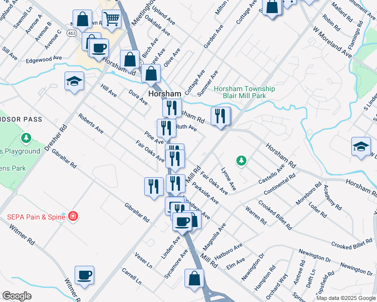 map of restaurants, bars, coffee shops, grocery stores, and more near 439 Summit Avenue in Horsham