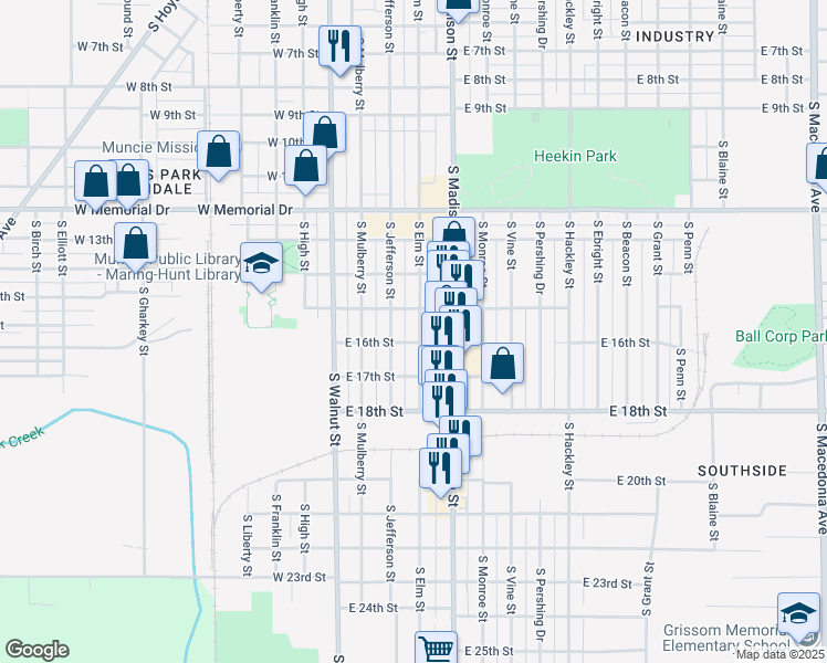map of restaurants, bars, coffee shops, grocery stores, and more near 2221 South Elm Street in Muncie