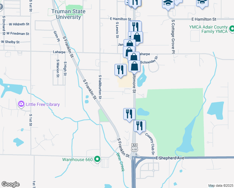 map of restaurants, bars, coffee shops, grocery stores, and more near 899 Shannon Ln in Kirksville