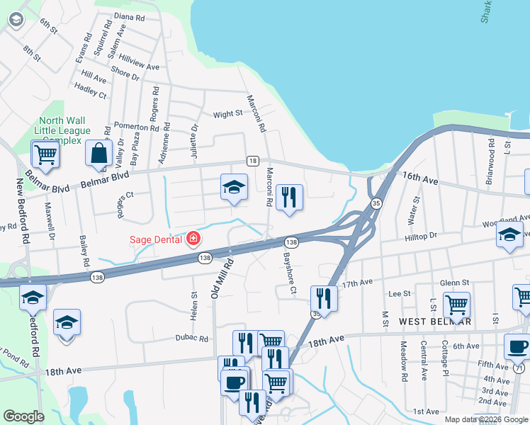 map of restaurants, bars, coffee shops, grocery stores, and more near 1437 Marconi Road in Wall Township