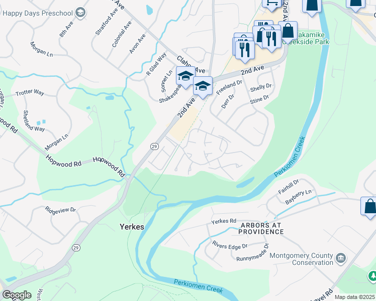 map of restaurants, bars, coffee shops, grocery stores, and more near 126 Mulberry Court in Collegeville