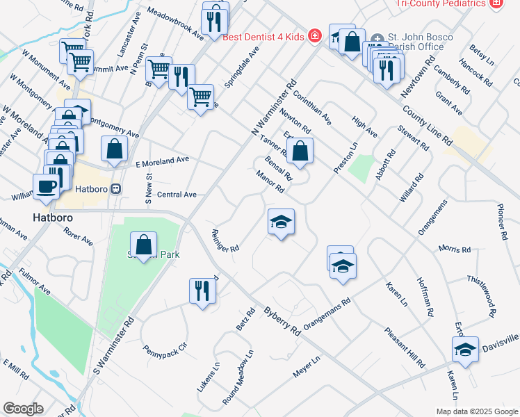 map of restaurants, bars, coffee shops, grocery stores, and more near 3635 Reiniger Road in Hatboro