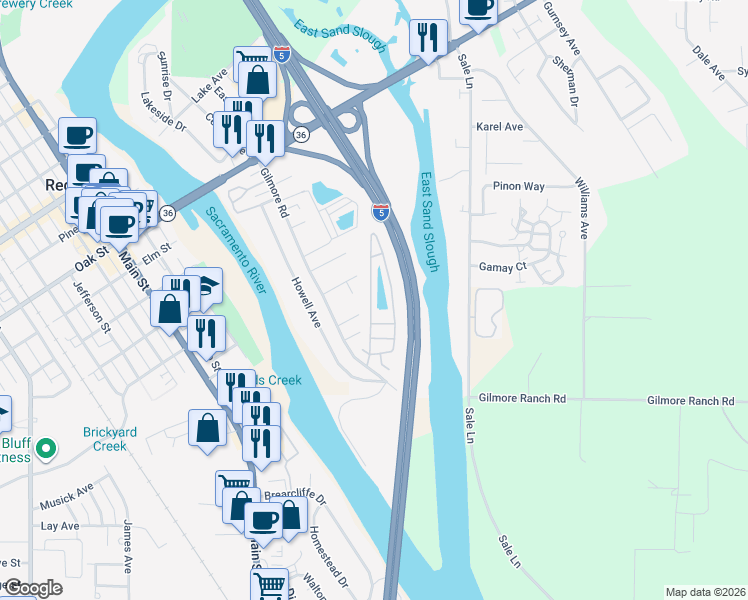 map of restaurants, bars, coffee shops, grocery stores, and more near W Mill Pond St in Red Bluff