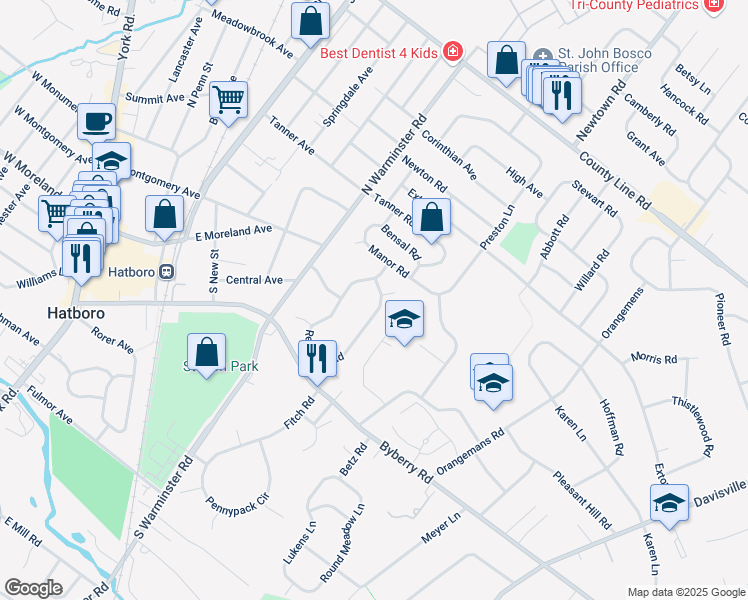 map of restaurants, bars, coffee shops, grocery stores, and more near 3635 Reiniger Road in Hatboro