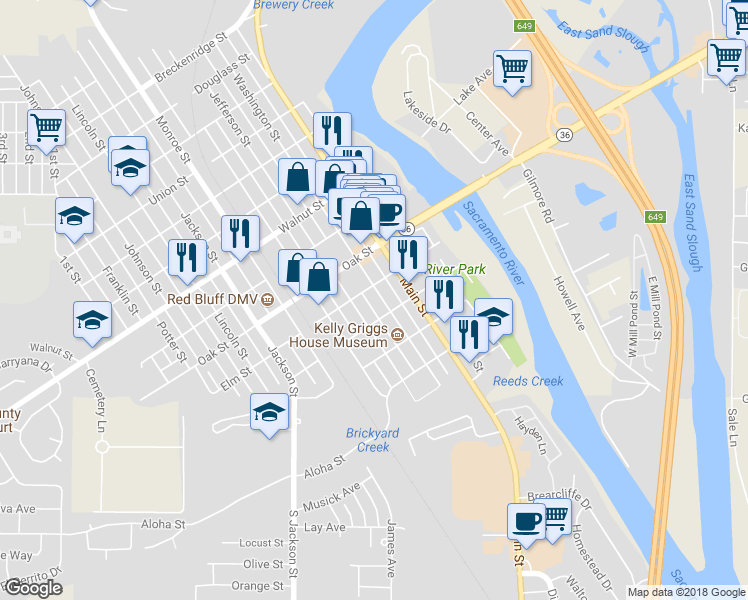 map of restaurants, bars, coffee shops, grocery stores, and more near 437 Washington Street in Red Bluff
