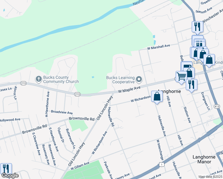 map of restaurants, bars, coffee shops, grocery stores, and more near 205 Golf Club Drive in Langhorne