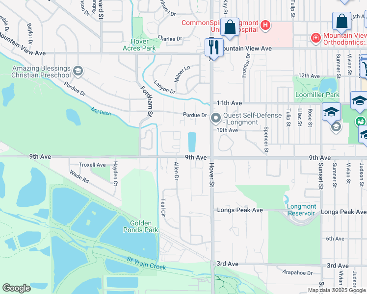 map of restaurants, bars, coffee shops, grocery stores, and more near 2424 9th Avenue in Longmont