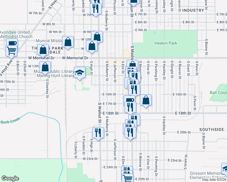 map of restaurants, bars, coffee shops, grocery stores, and more near 226 East 16th Street in Muncie