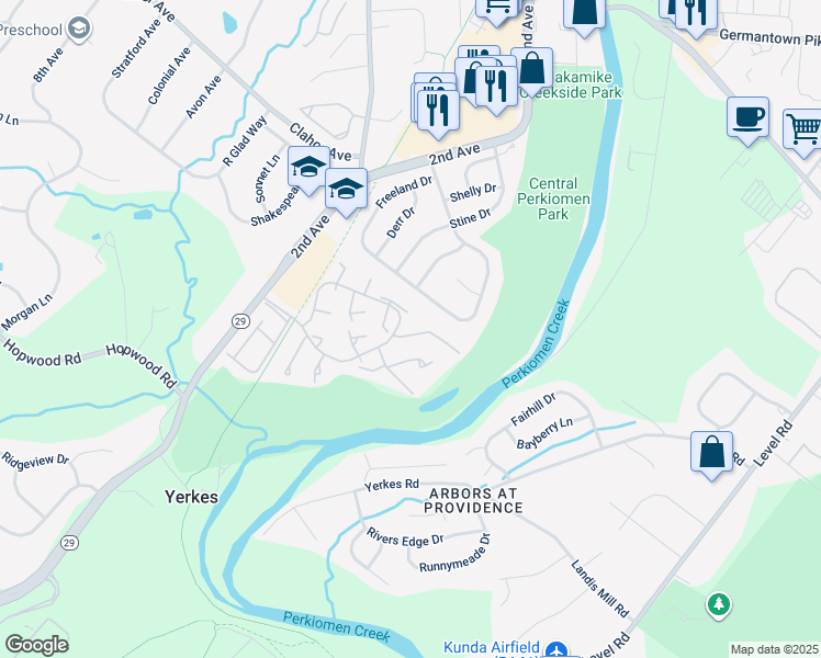 map of restaurants, bars, coffee shops, grocery stores, and more near 109 Larchwood Court in Collegeville