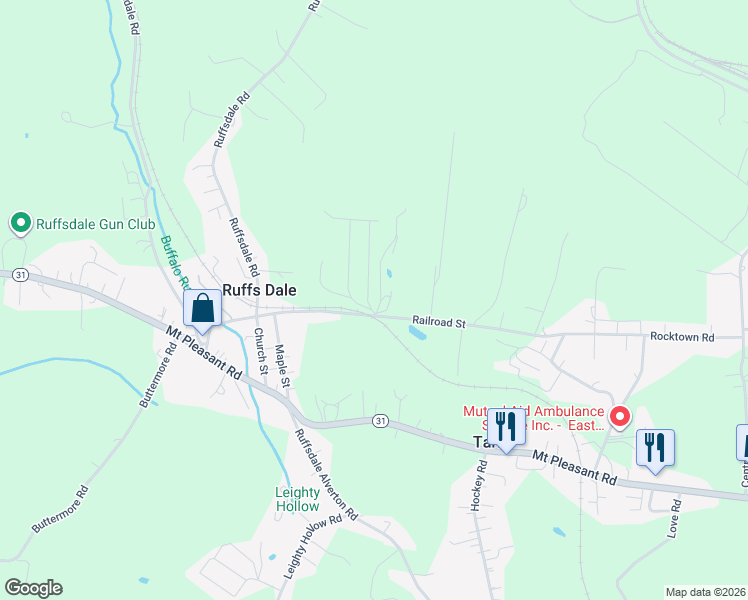 map of restaurants, bars, coffee shops, grocery stores, and more near 106 Valley Hi Lane in Ruffs Dale