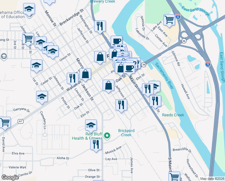 map of restaurants, bars, coffee shops, grocery stores, and more near 502 Madison Street in Red Bluff