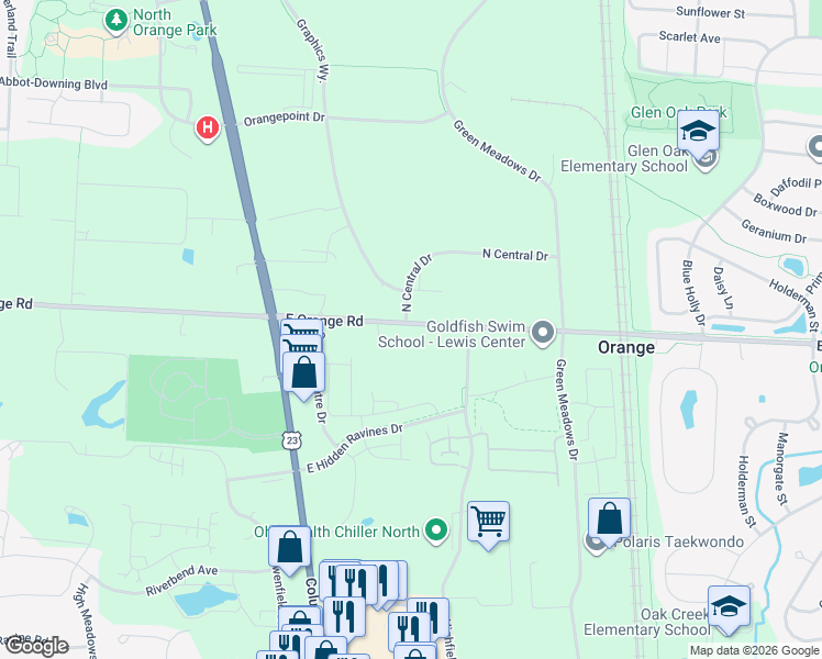 map of restaurants, bars, coffee shops, grocery stores, and more near 388 East Orange Road in Lewis Center