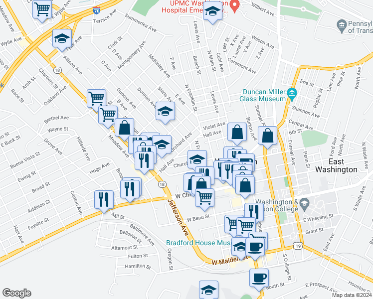 map of restaurants, bars, coffee shops, grocery stores, and more near 117 Hall Avenue in Washington