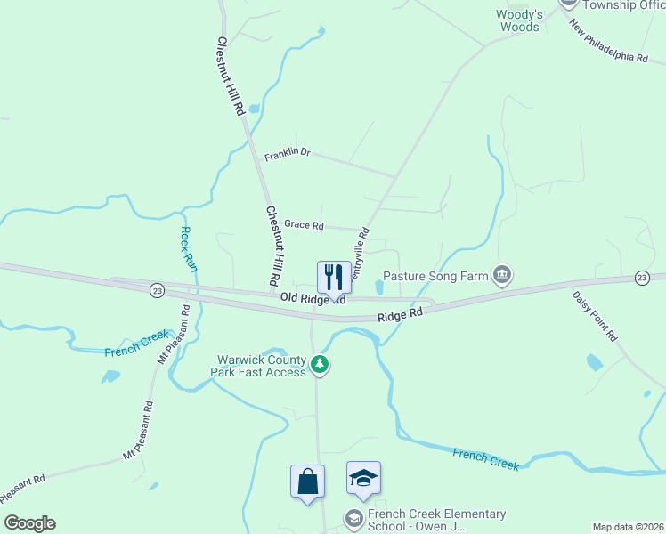 map of restaurants, bars, coffee shops, grocery stores, and more near 3381 Coventryville Road in Pottstown