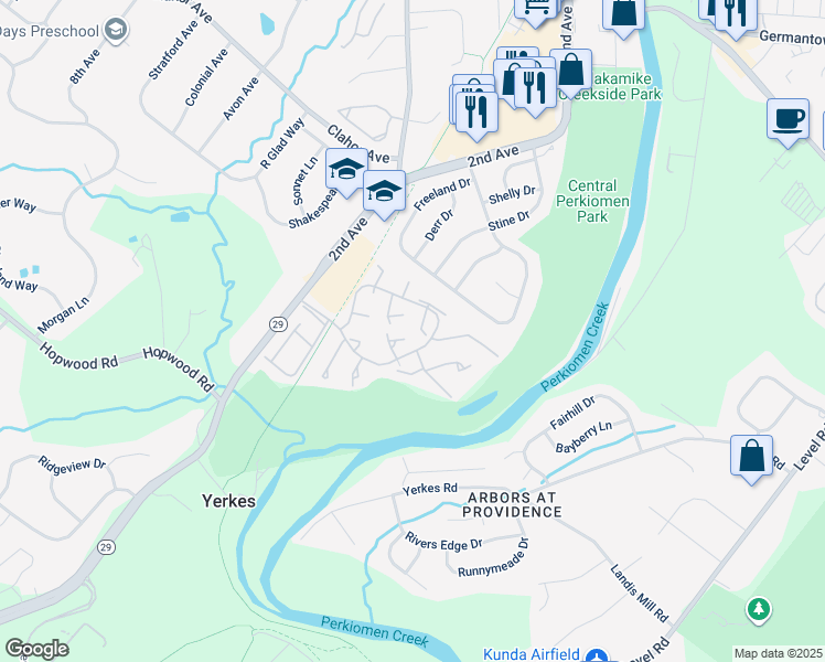 map of restaurants, bars, coffee shops, grocery stores, and more near 127 Juniper Court in Collegeville