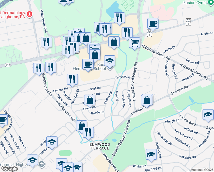 map of restaurants, bars, coffee shops, grocery stores, and more near 64 Turf Road in Levittown