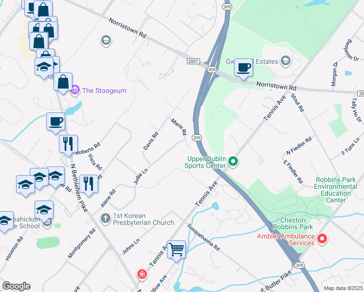 map of restaurants, bars, coffee shops, grocery stores, and more near 916 Judie Ln in Ambler
