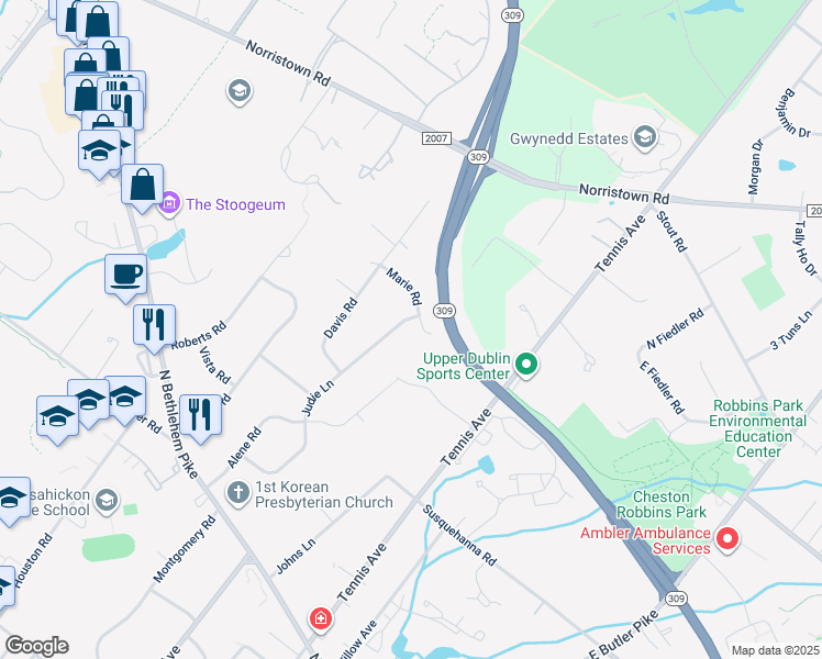map of restaurants, bars, coffee shops, grocery stores, and more near 916 Judie Ln in Ambler