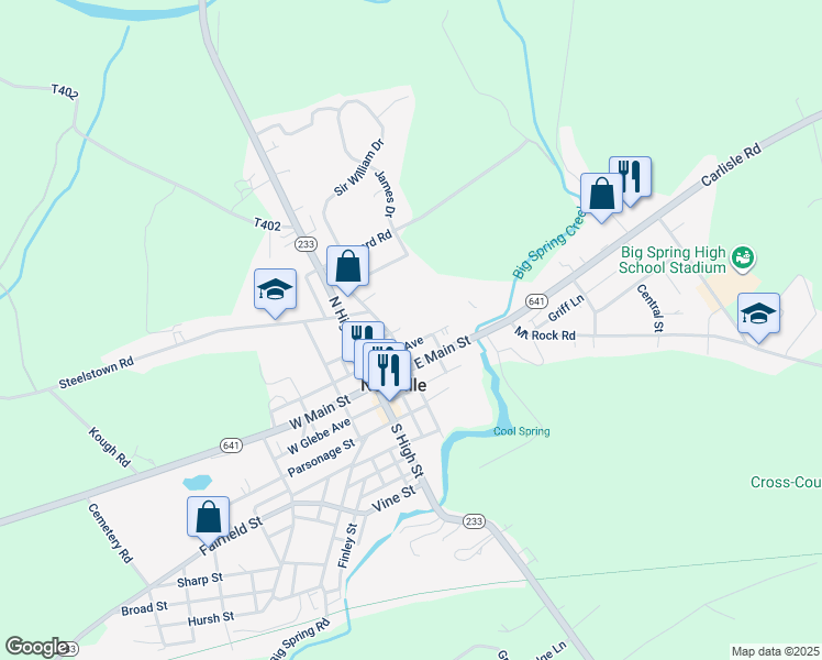 map of restaurants, bars, coffee shops, grocery stores, and more near 14 North Corporation Street in Newville