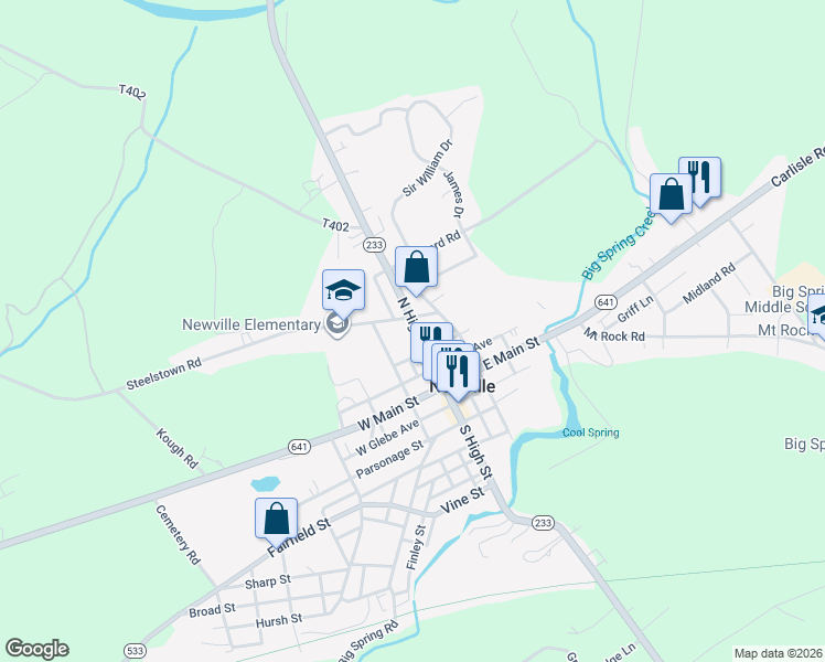 map of restaurants, bars, coffee shops, grocery stores, and more near 25 North High Street in Newville