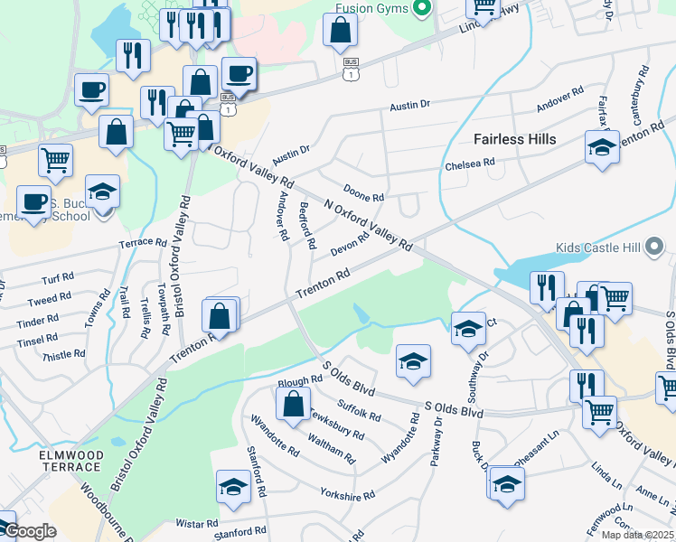 map of restaurants, bars, coffee shops, grocery stores, and more near 227 Trenton Road in Fairless Hills