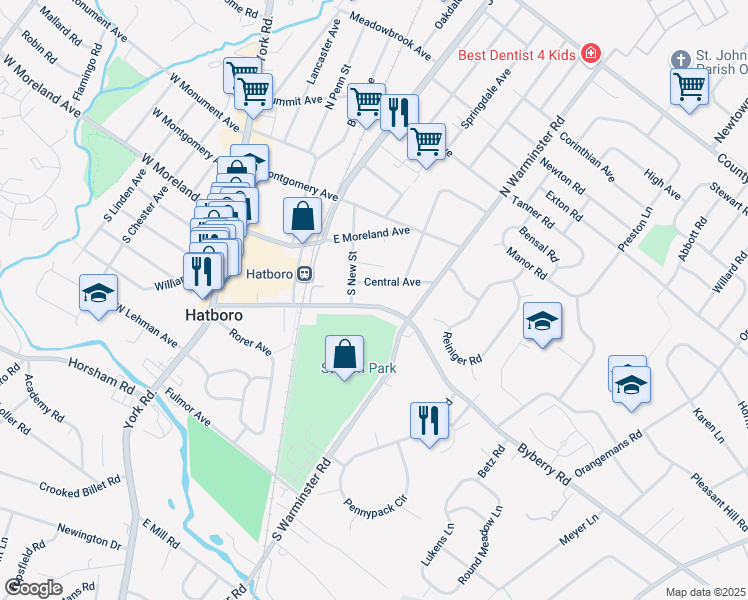 map of restaurants, bars, coffee shops, grocery stores, and more near 204 Byberry Road in Hatboro