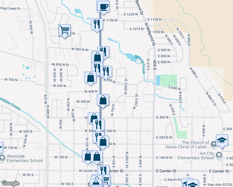 map of restaurants, bars, coffee shops, grocery stores, and more near 573 North 100 West in Springville